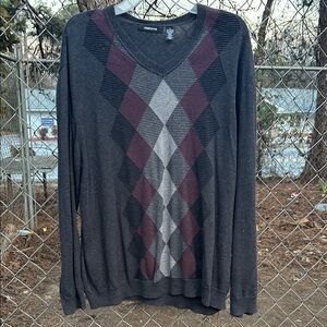 Chaps Men's V-Neck Sweater - Black, Gray, and Burgundy Argyle